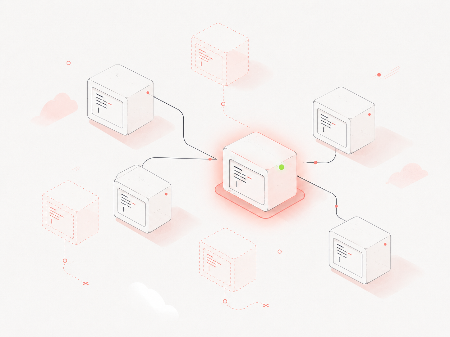Isometric illustration of disposable agent-boxes connected to a central active task